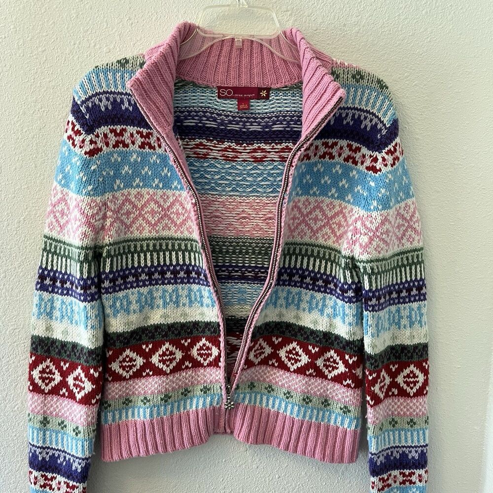 Vintage Y2K Cardigan Sweater Girls XL Fair Isle Full Zip Colorful Ski So Real - Picture 7 of 15